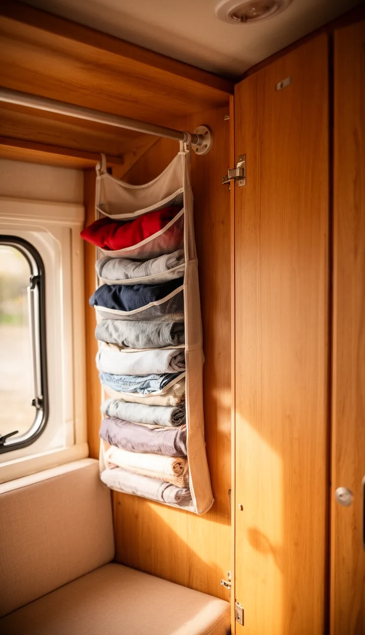 Hanging fabric shelf organizer in a camper closet holding neatly folded clothes