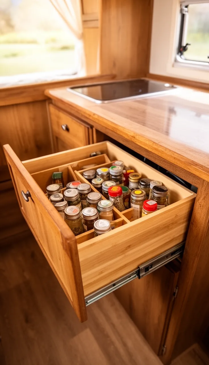 Camper kitchen drawer open to show tidy spice jar inserts and warm wood dividers