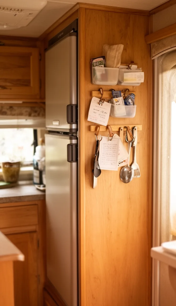 Camper fridge side with small magnetic containers and hooks holding notes and utensils