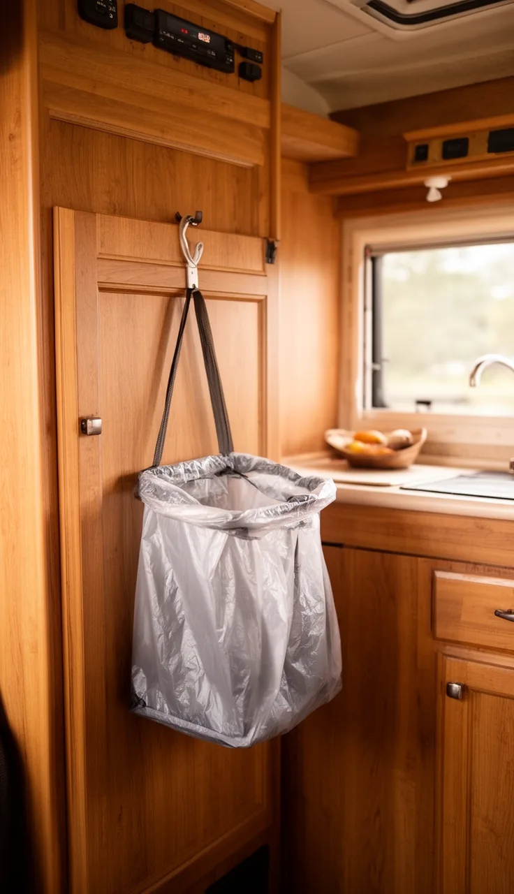Collapsible fold-flat trash bin hanging on a warm camper cabinet door