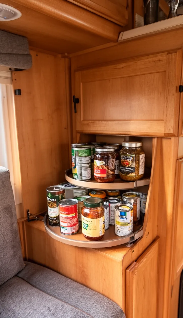 Camper corner cabinet with a lazy-susan turntable holding jars and cans