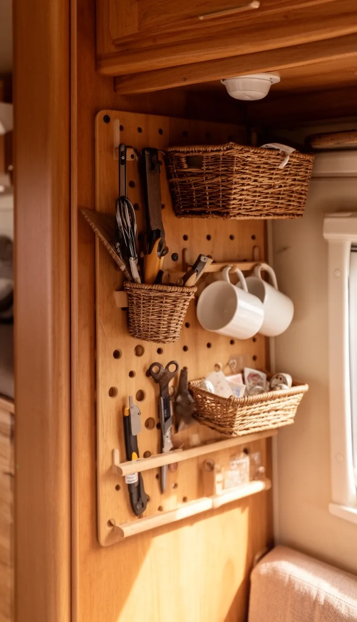 Camper wall with a warm wood pegboard holding baskets, tools, and mugs
