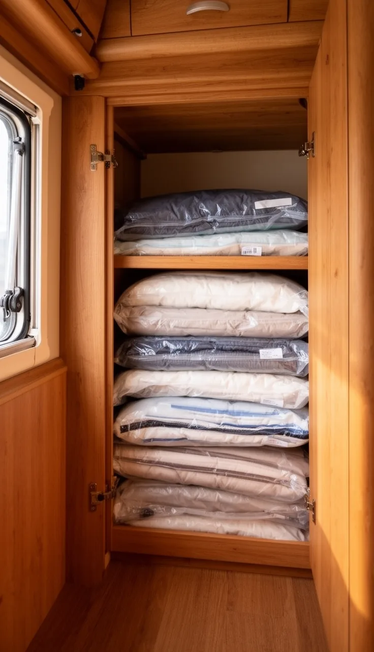 Camper storage compartment with flattened vacuum bags of bedding stacked neatly