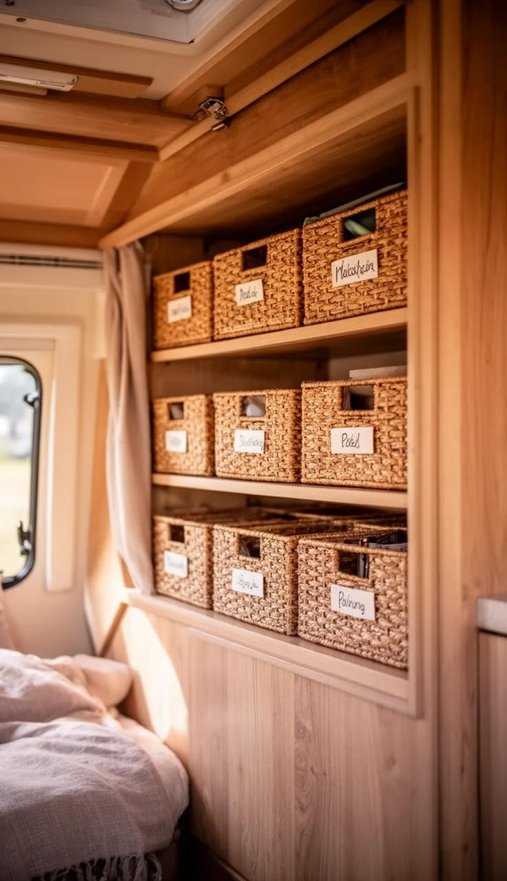 Camper shelf with warm woven, labeled baskets neatly arranged in a cozy rv