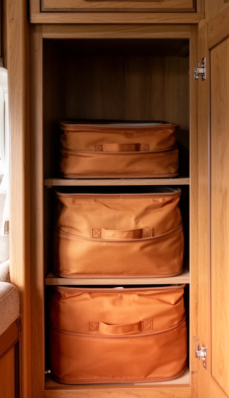 Stack of warm-toned collapsible fabric storage bins in a camper cabinet