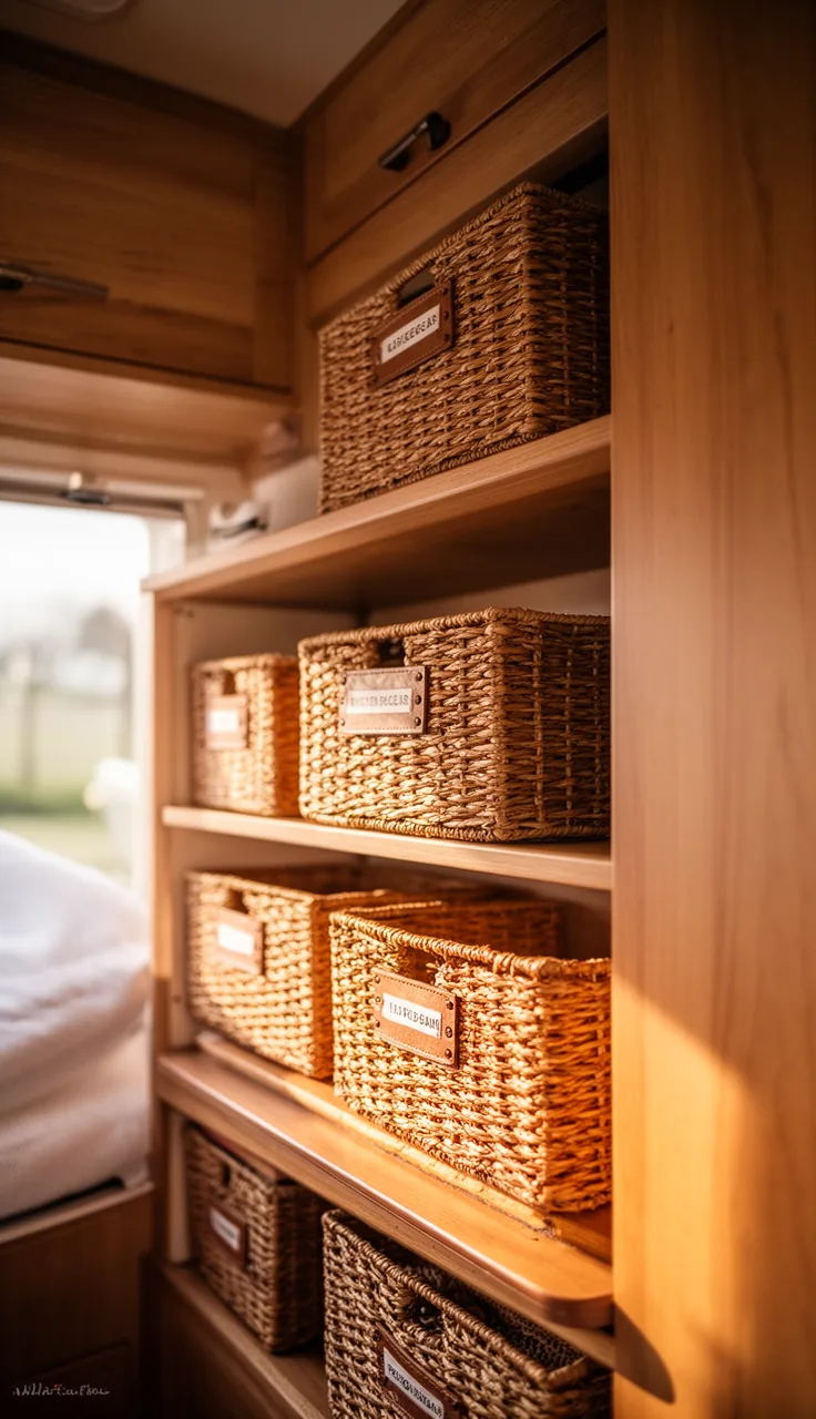 Camper shelf with warm woven, labeled baskets neatly arranged