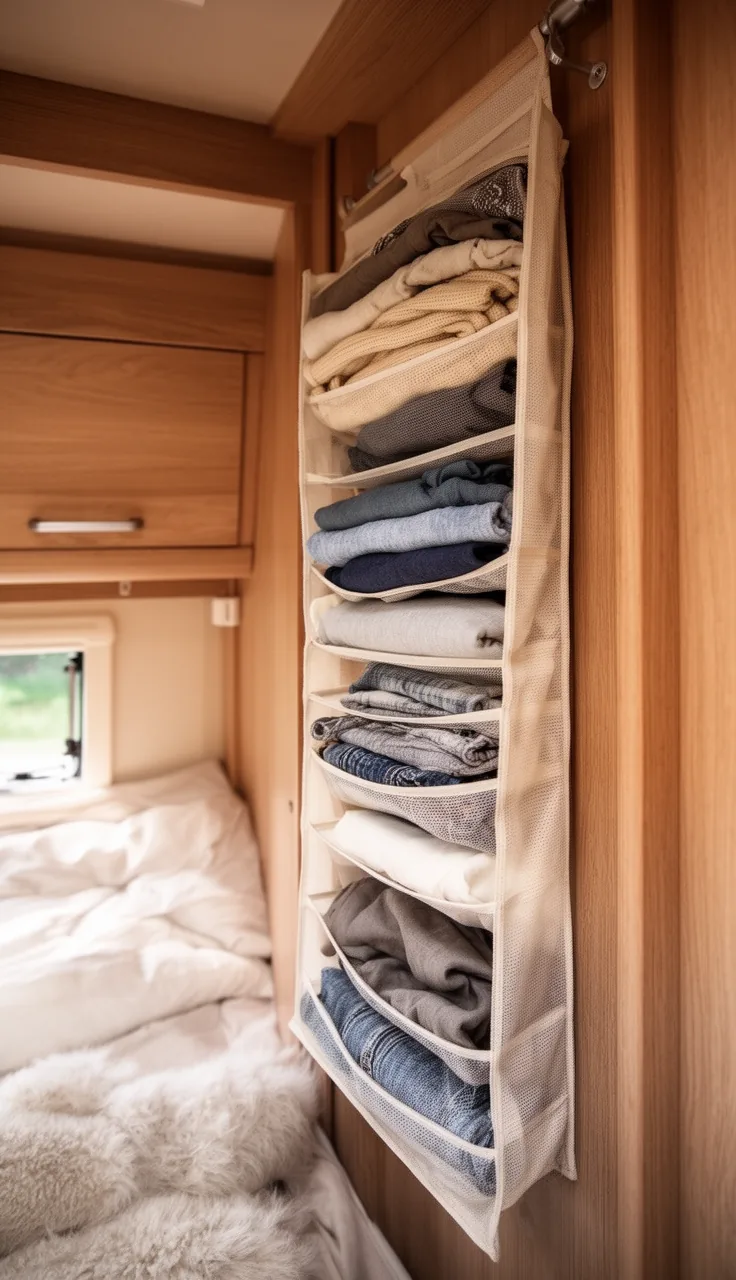 Hanging fabric shelf organizer in a camper closet holding folded clothes
