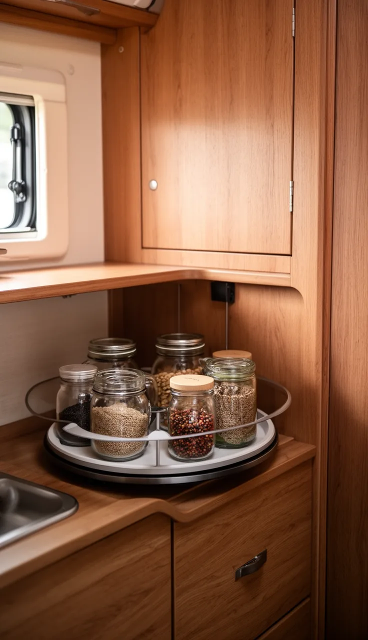 Camper corner cabinet with a lazy-susan turntable holding jars