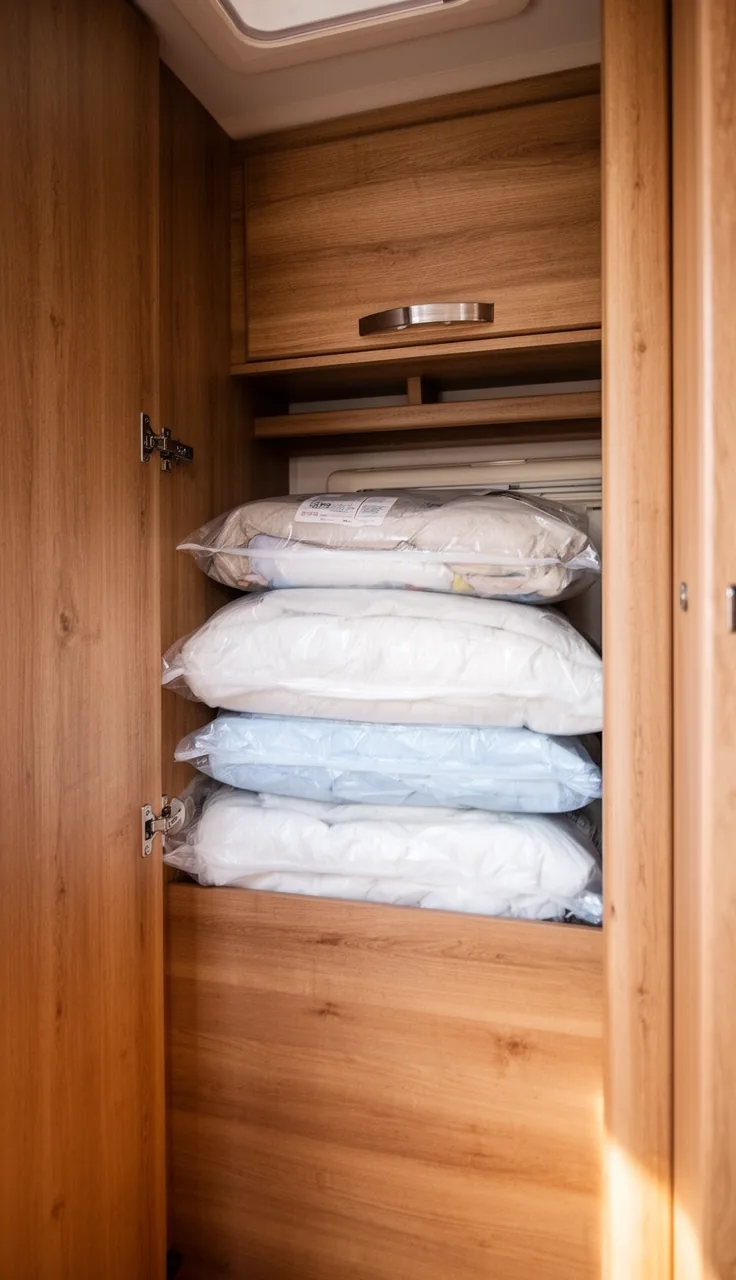 Camper compartment with flattened vacuum bags of bedding stacked neatly