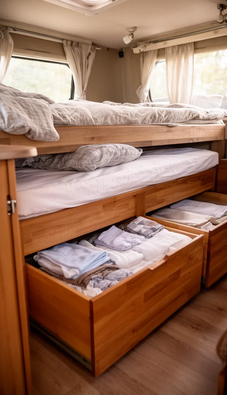 Camper bed lifted to reveal warm wood under-bed storage drawers of linens