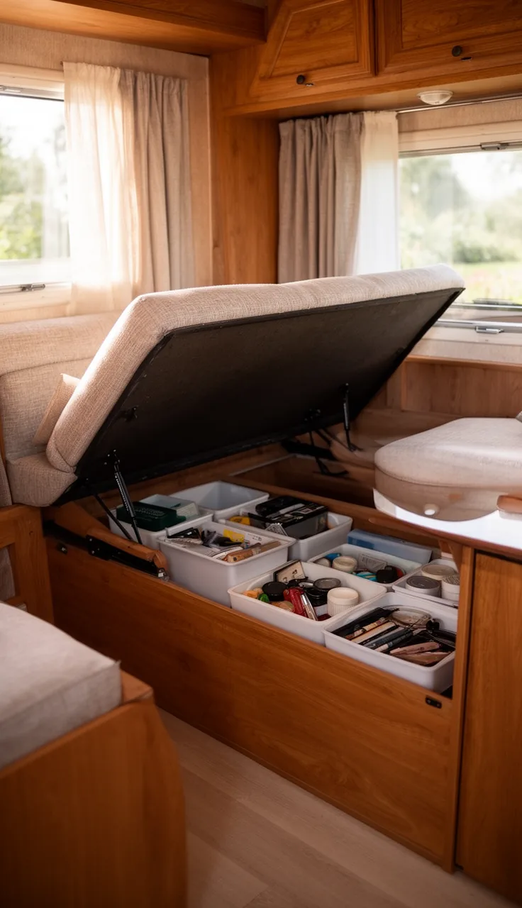 Camper dinette bench lifted to show storage bins packed neatly below