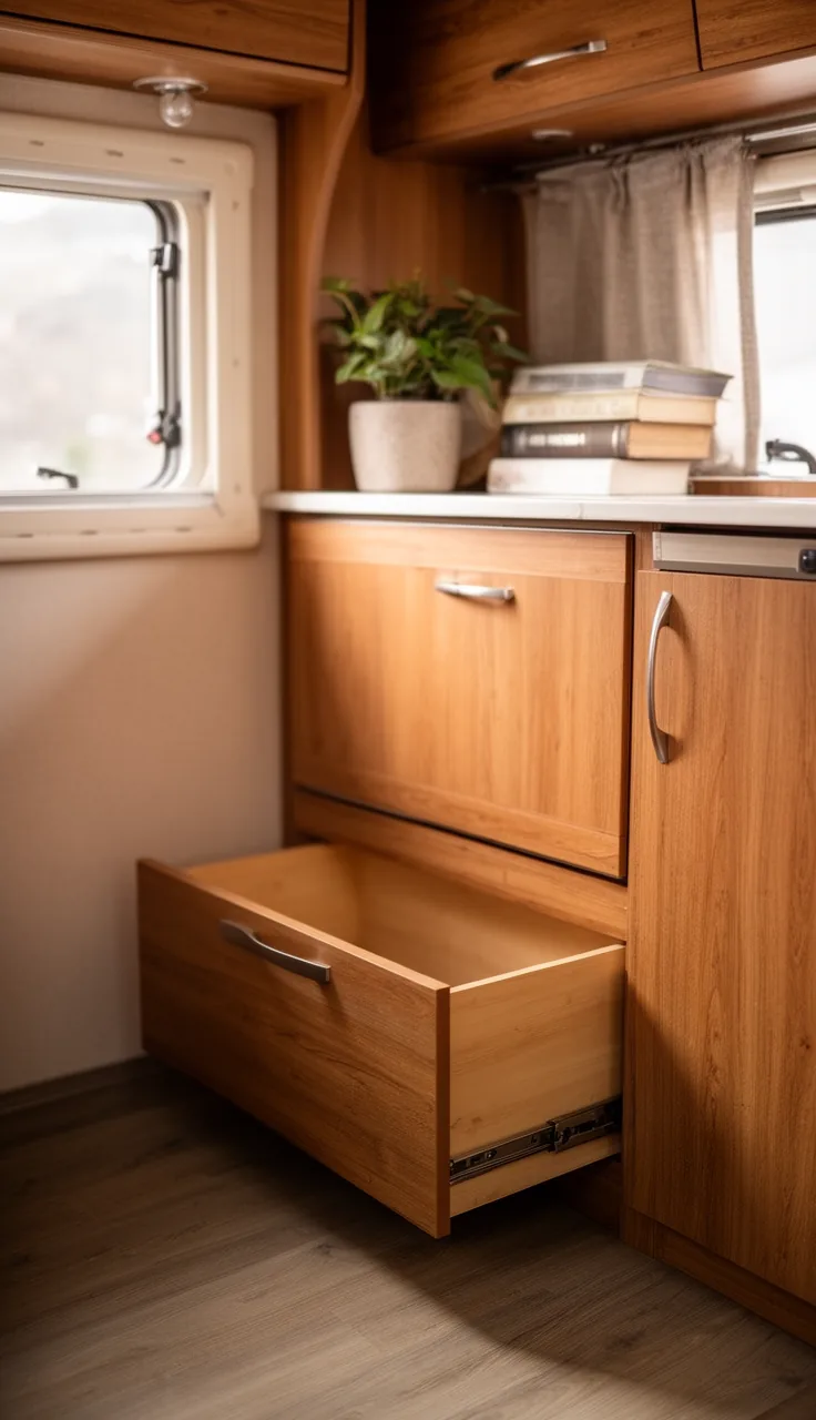 Shallow toe-kick drawer pulled open at the base of a camper cabinet