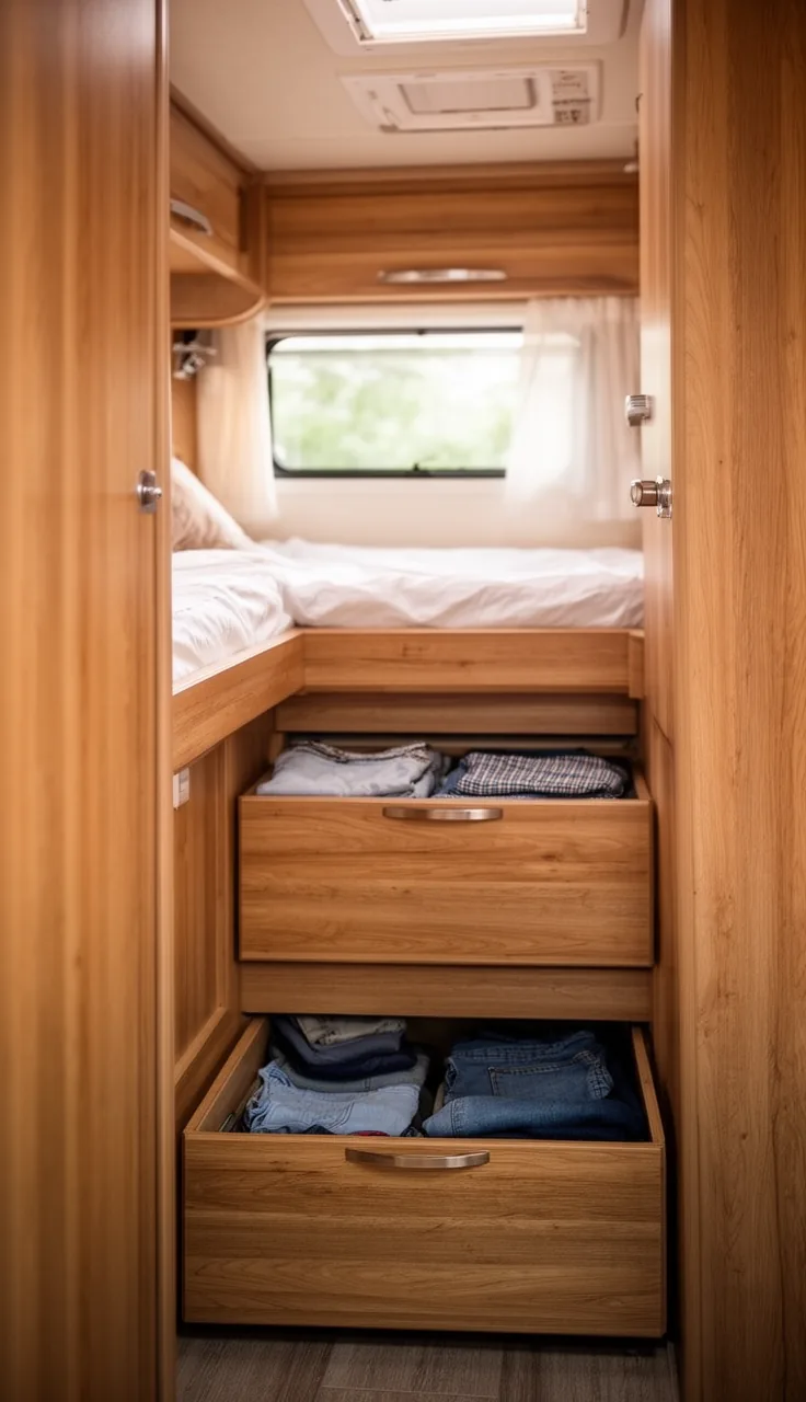 Camper bunk stairs with built-in drawers holding folded clothes