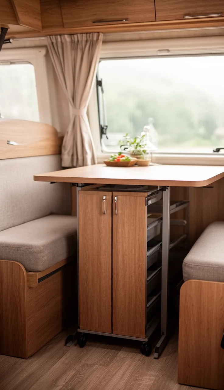 Slim rolling storage cart tucked under a camper dinette table