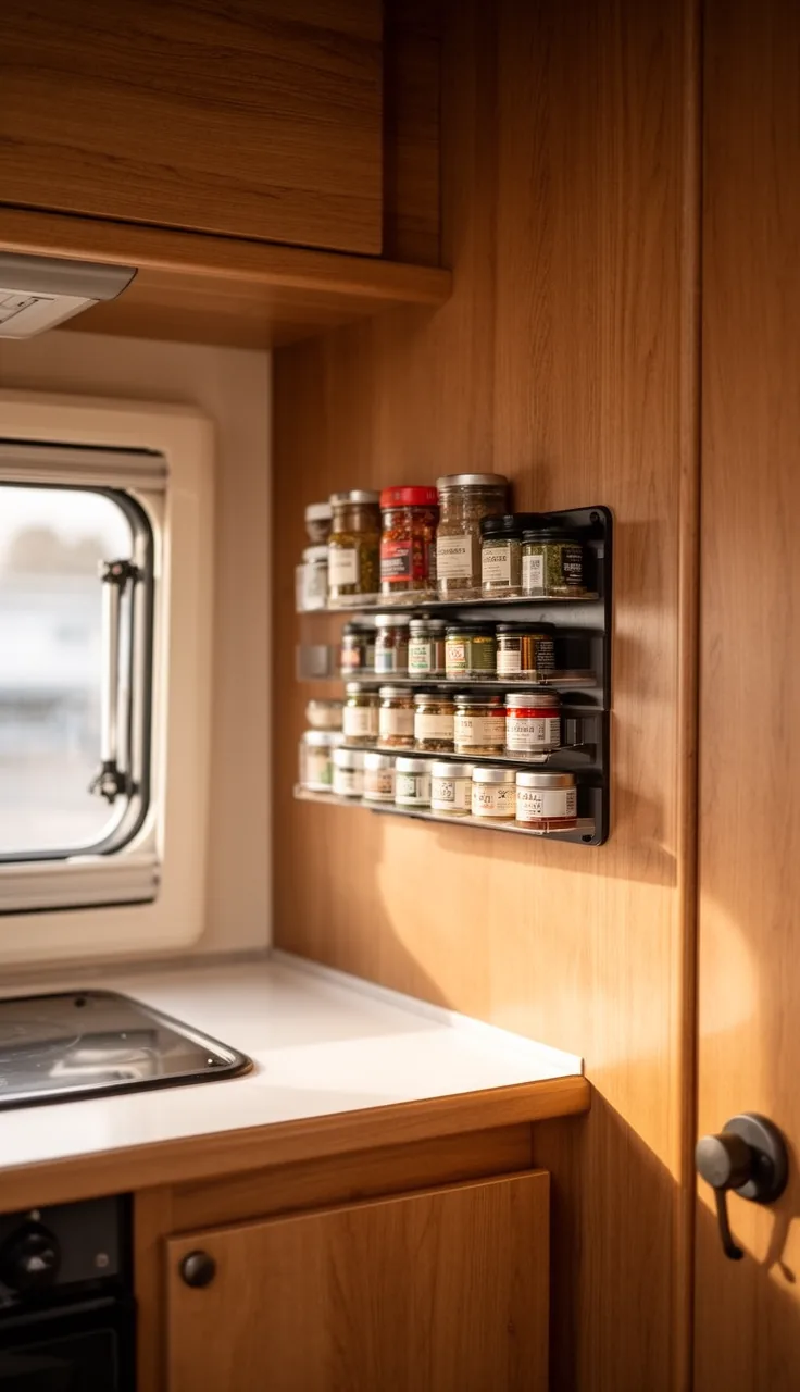 Magnetic spice strip on a warm camper kitchen wall holding small tins
