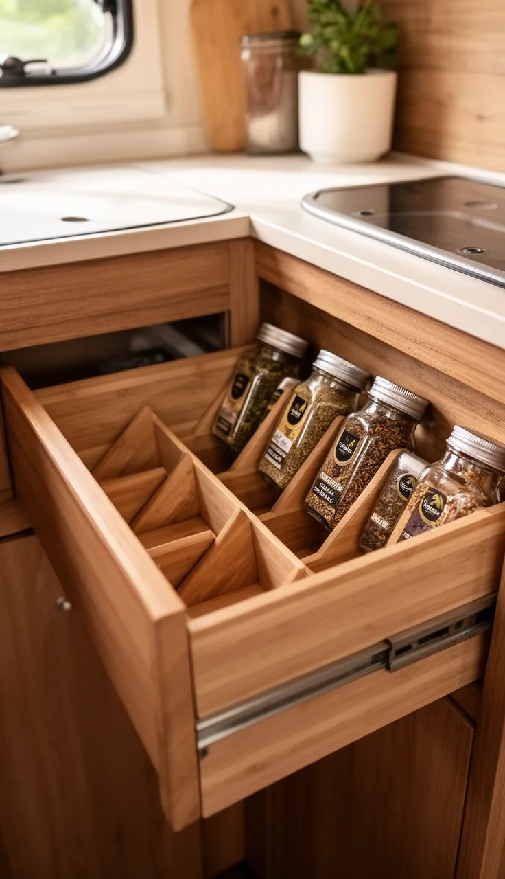 Camper kitchen drawer with tidy angled spice jar inserts and dividers