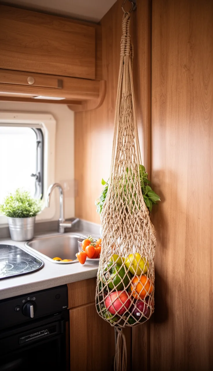 Woven hanging produce hammock in a cozy camper kitchen corner