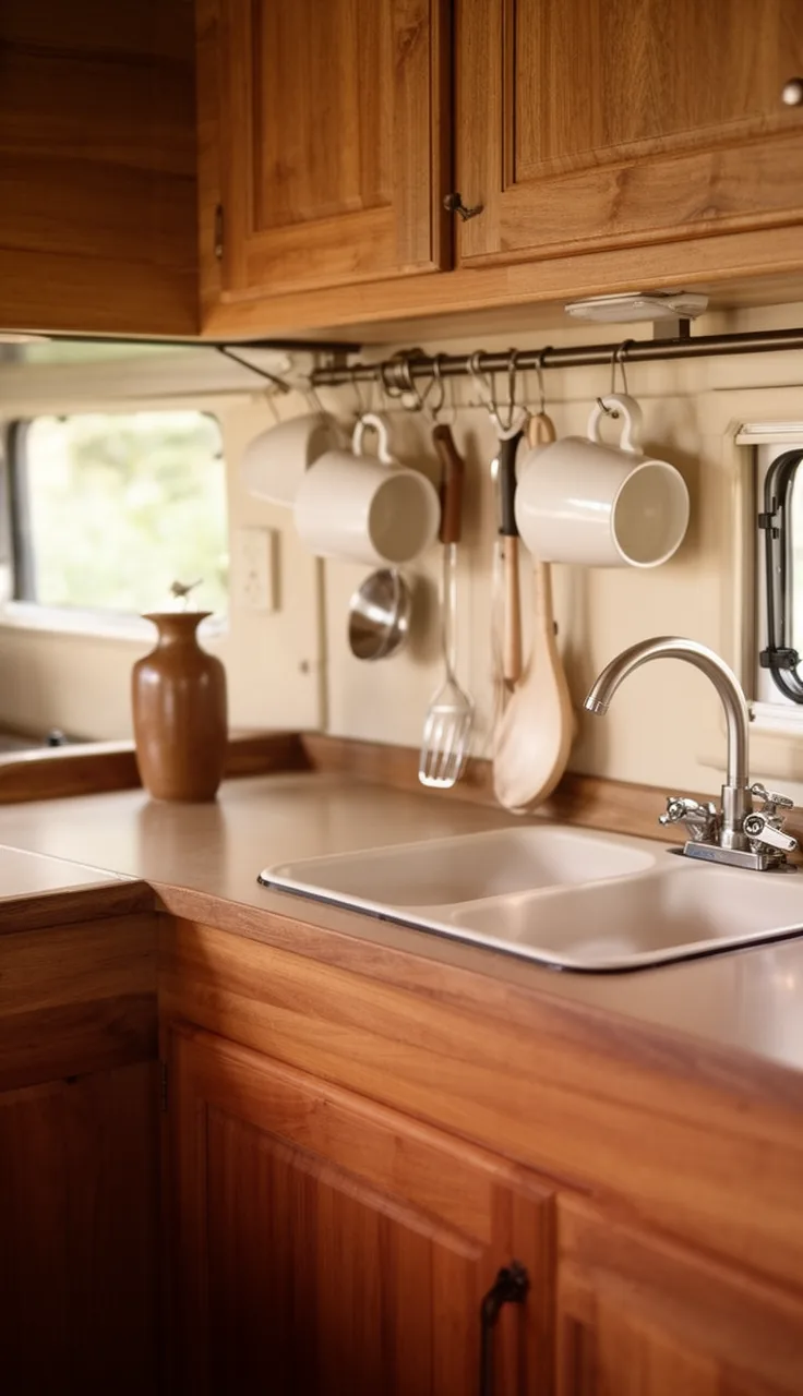 Camper backsplash rail with hanging mugs and utensils over a warm galley