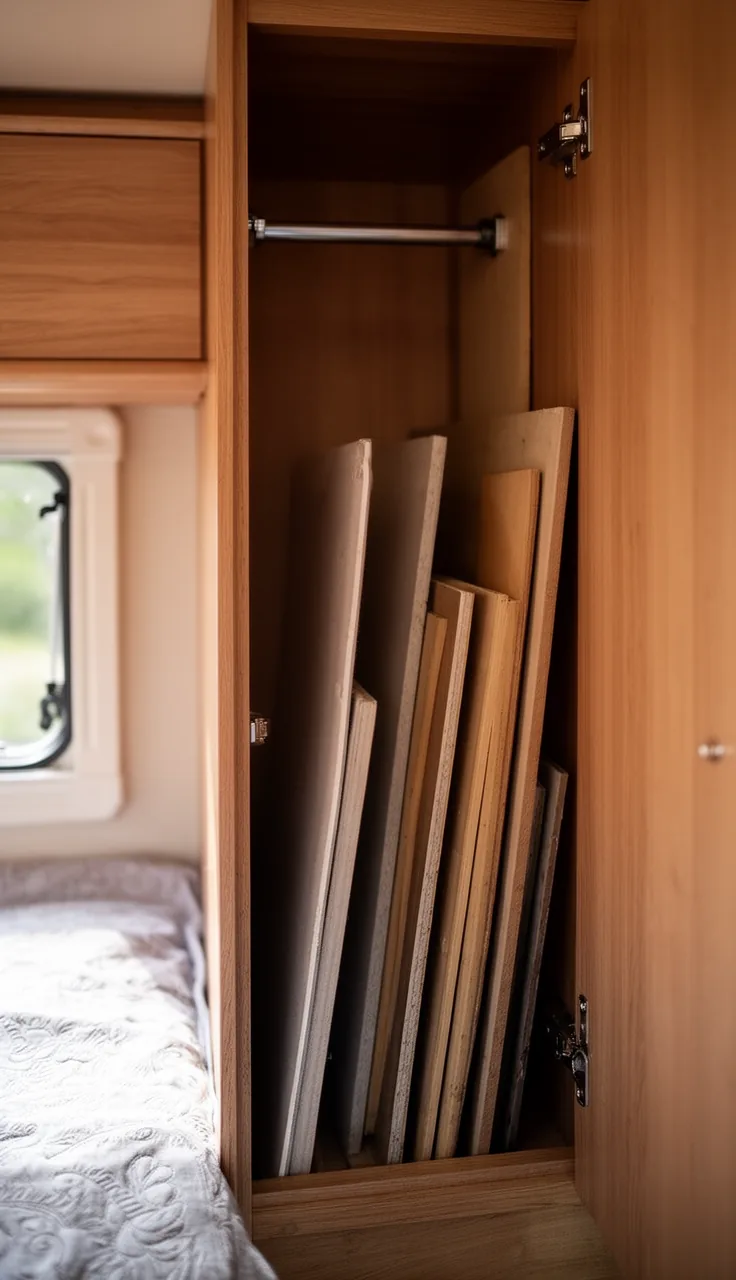 Small tension rod inside a camper cabinet holding boards upright