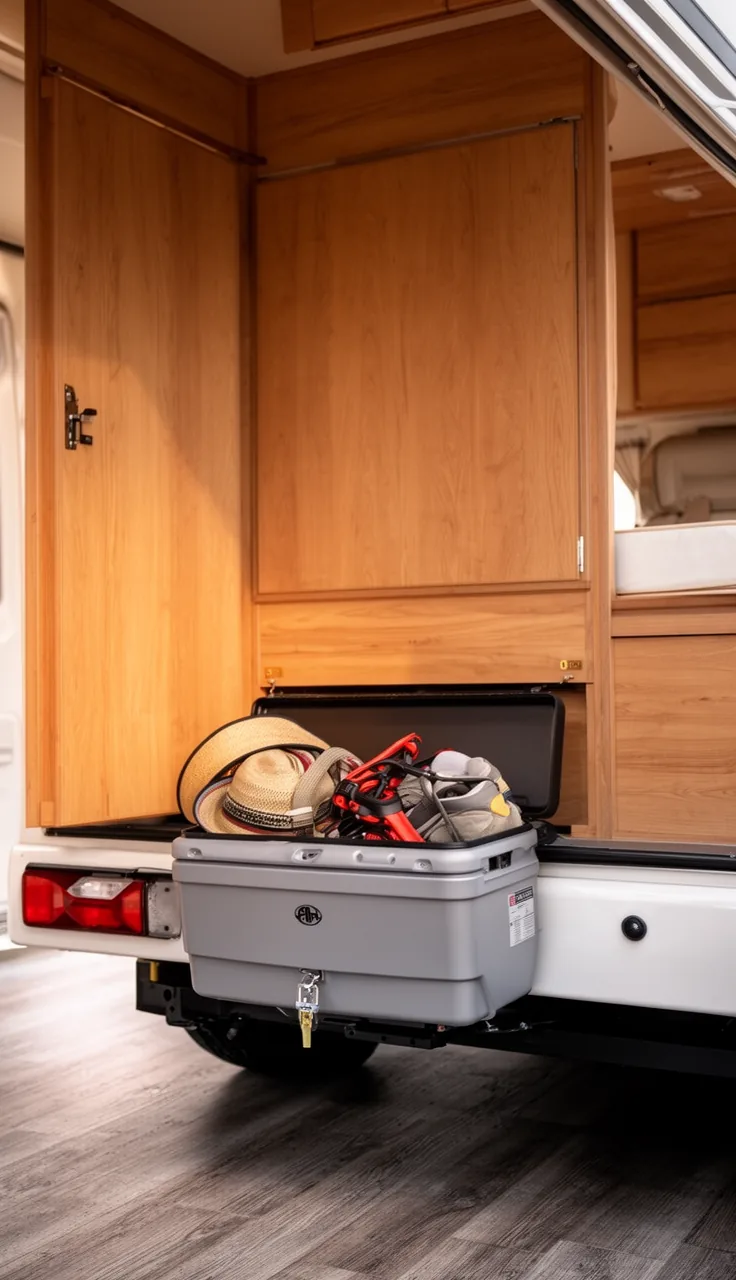 Camper rear bumper with a mounted lockable storage box for outdoor gear