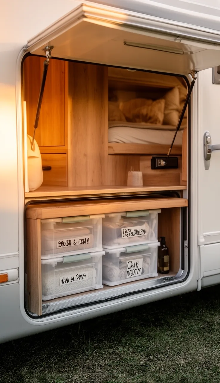 Camper exterior basement bay open showing labeled stackable bins