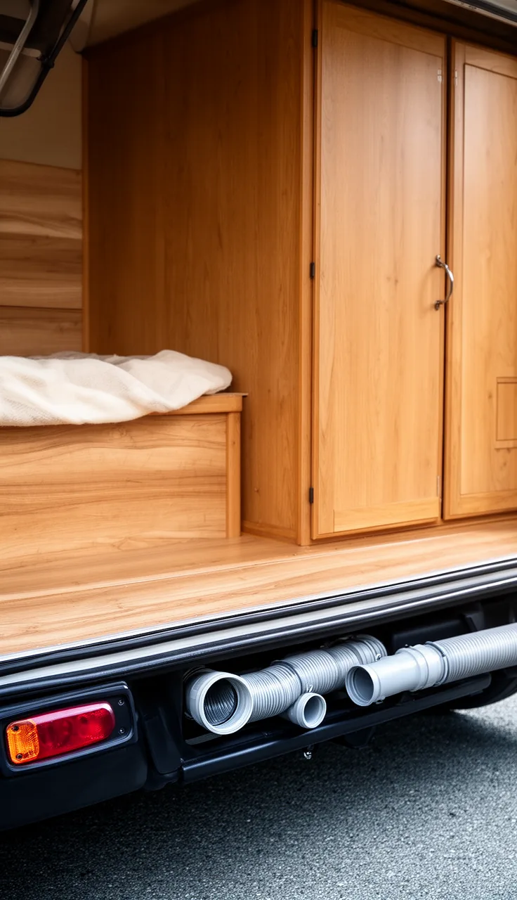 Camper rear bumper with a capped tube for tidy sewer hose storage