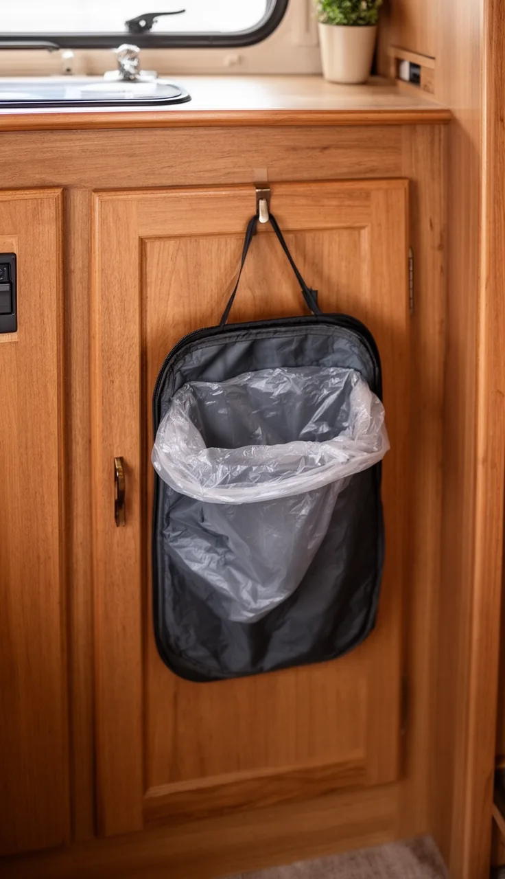 Collapsible fold-flat trash bin hanging on a camper cabinet door