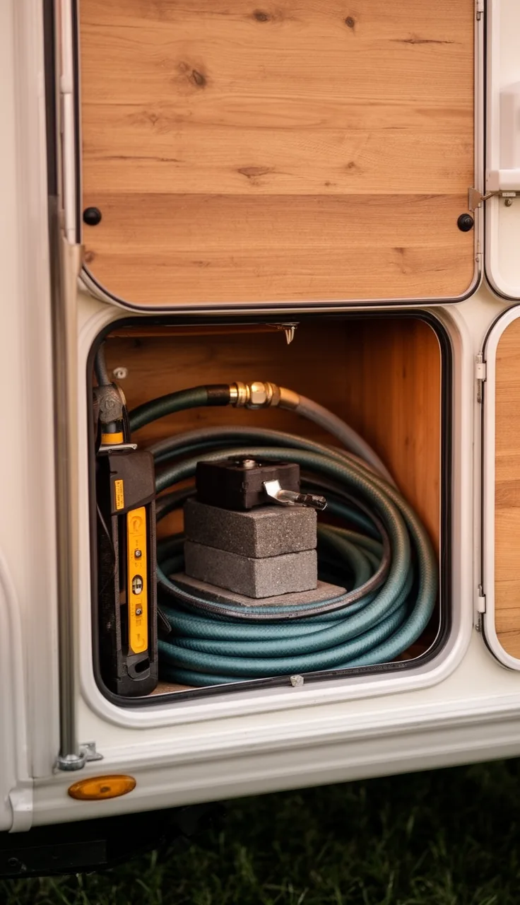 Camper exterior compartment neatly holding leveling blocks and hoses