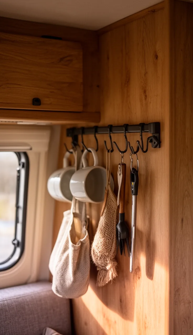 Camper wall rail with S-hooks holding mugs, bags, and small tools