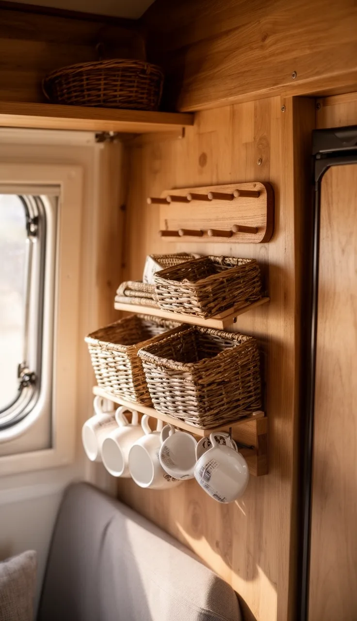 Warm wood pegboard on a camper wall holding baskets and mugs