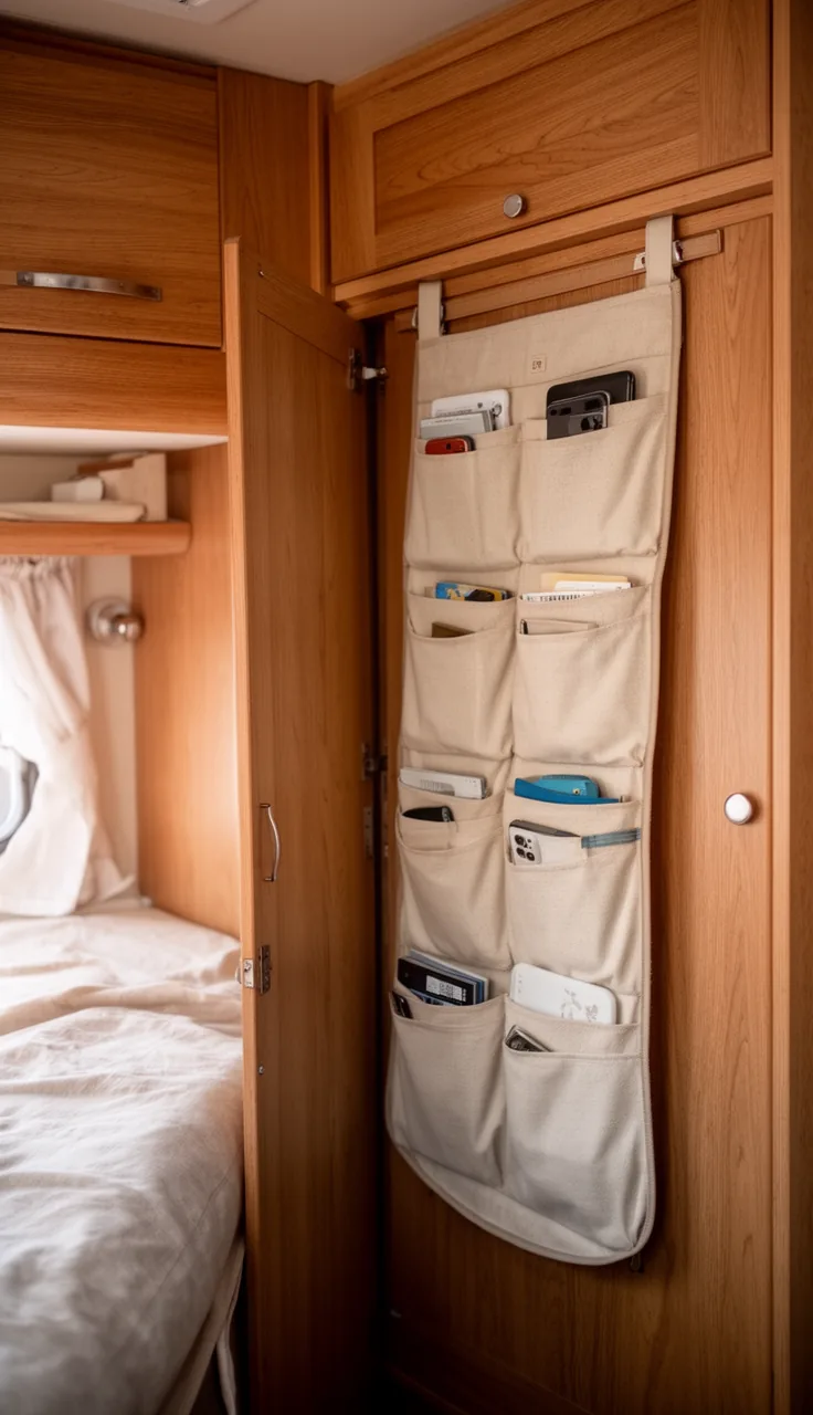 Over-the-door fabric pocket organizer inside a camper cabinet door