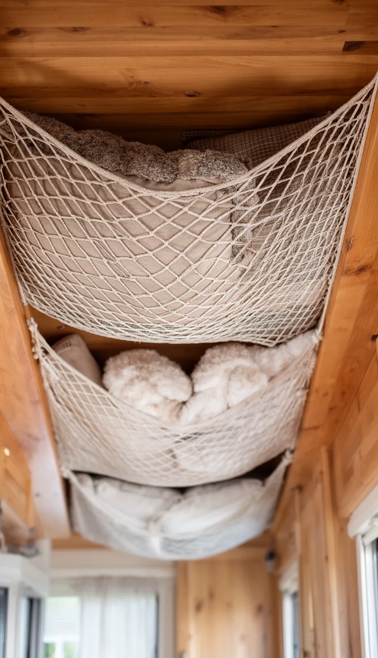 Cargo net stretched across a camper ceiling holding pillows and soft bags