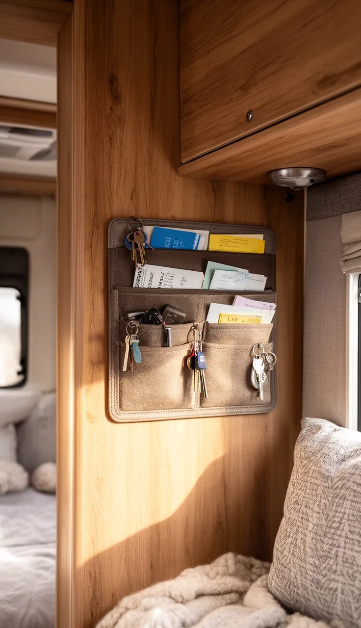 Small camper wall command center with pockets for keys and mail