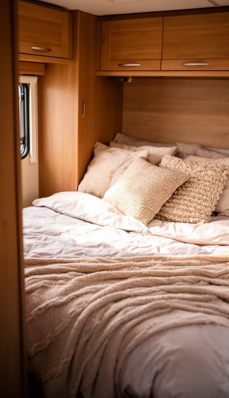 Cozy camper bed layered with a soft duvet, textured throw, and pillows in a warm wood bedroom