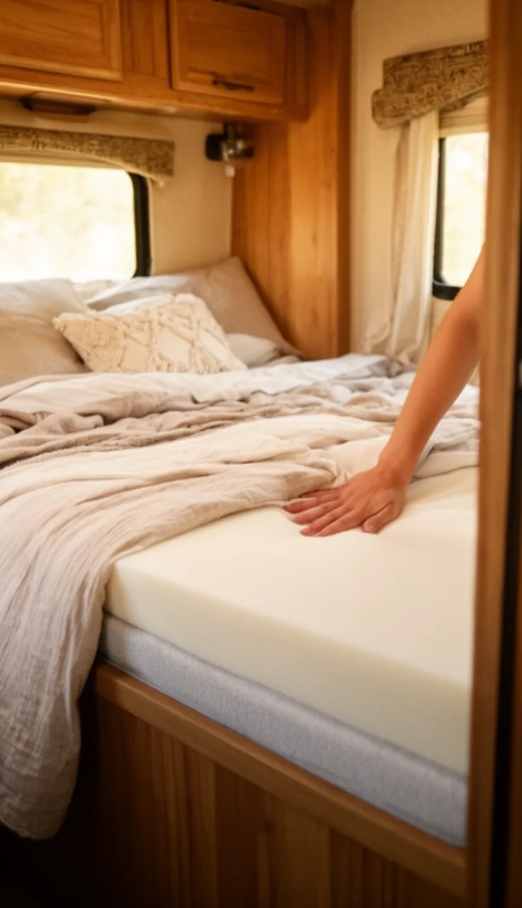 Camper mattress fitted with a plush topper in a warm, cozy rv bedroom