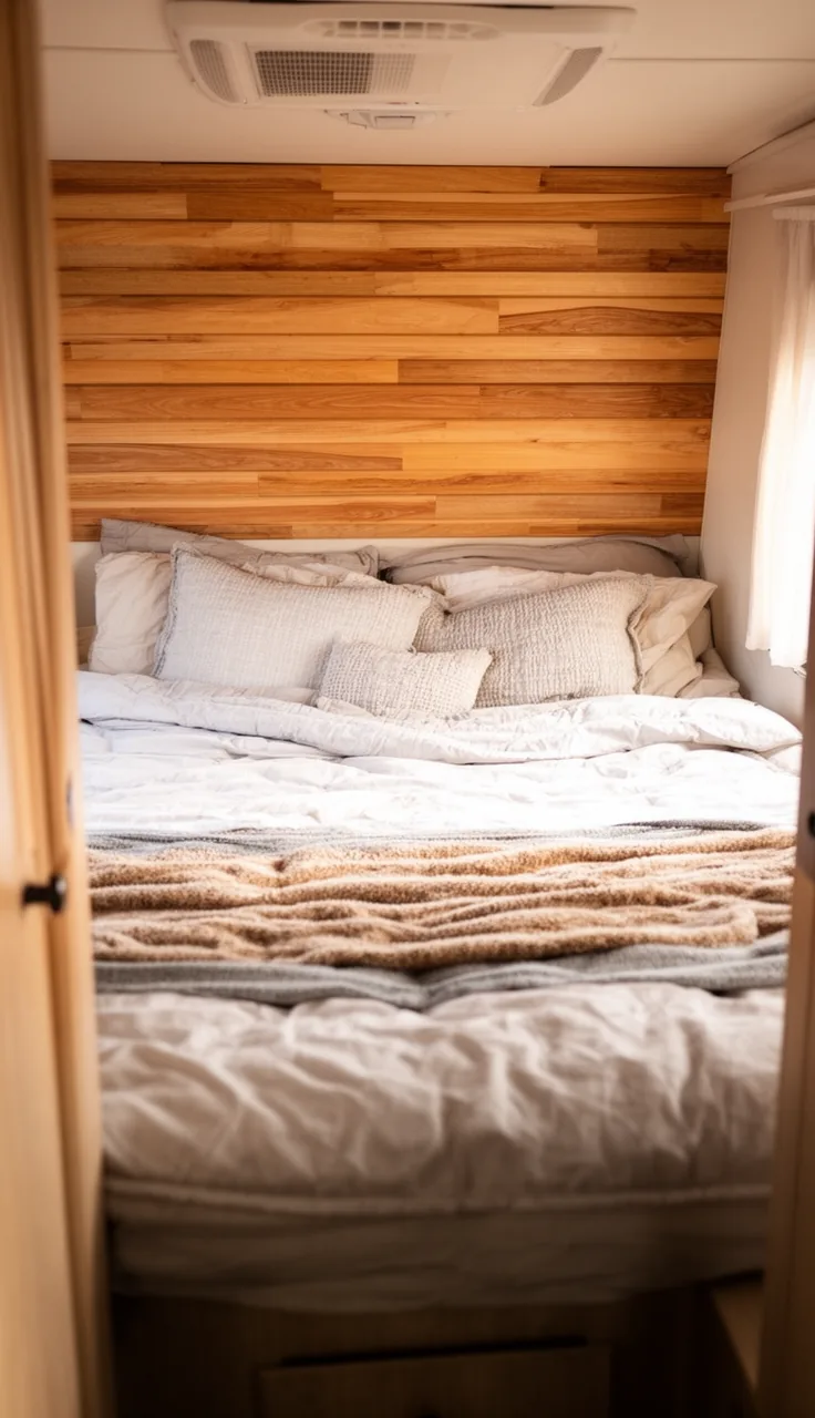 Camper bedroom with a warm wood slat accent wall behind the bed and cozy bedding