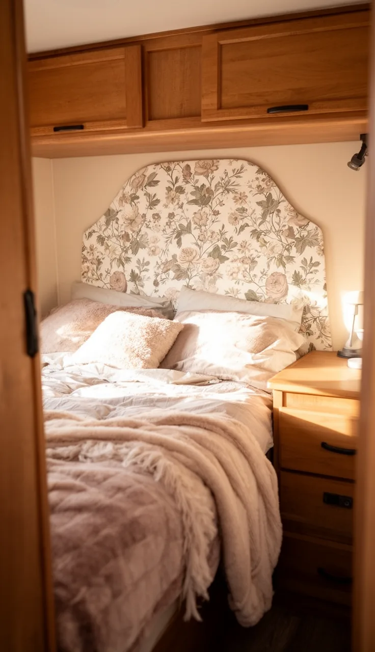Camper bed with a peel-and-stick wallpaper headboard shape above the pillows