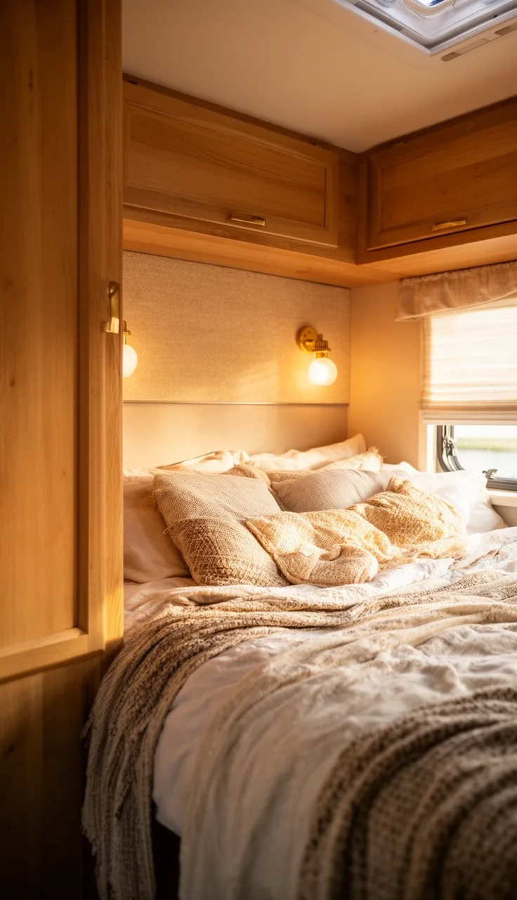 Camper bedroom with warm reading sconces beside the bed casting a soft golden glow
