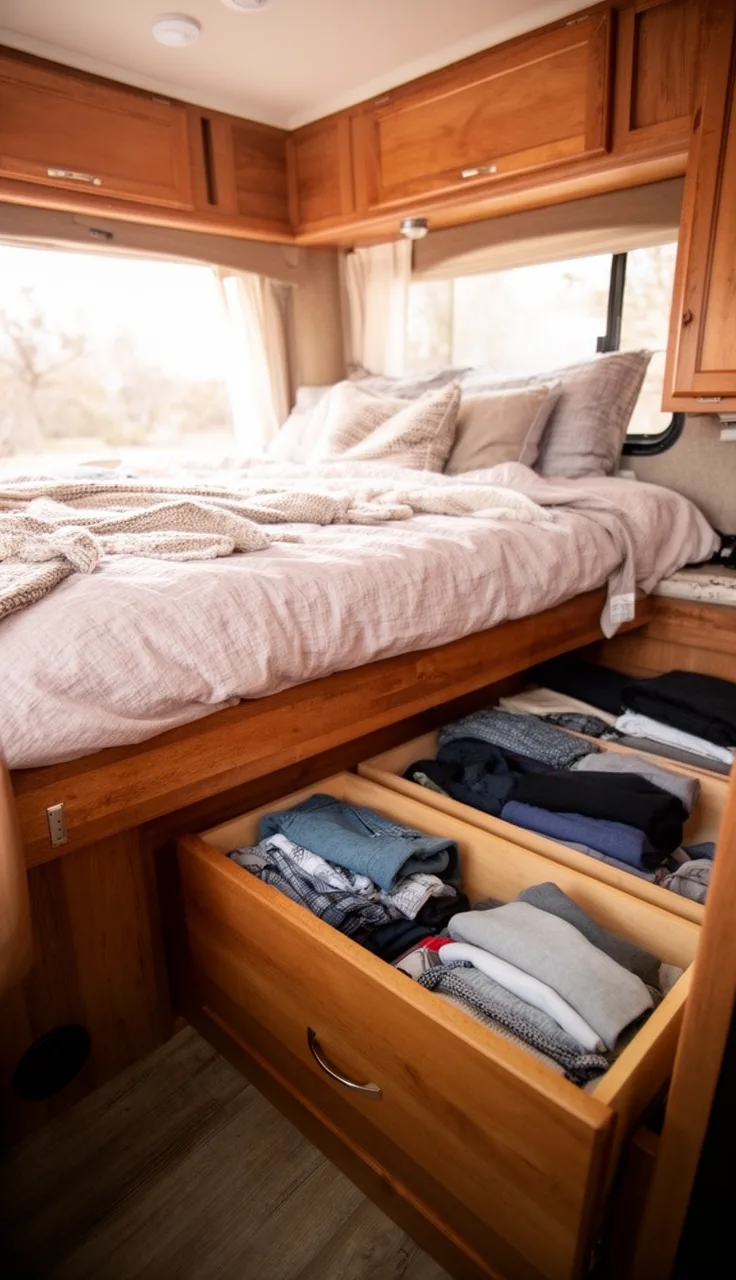 Camper bed lifted to reveal warm wood under-bed drawers holding folded clothes