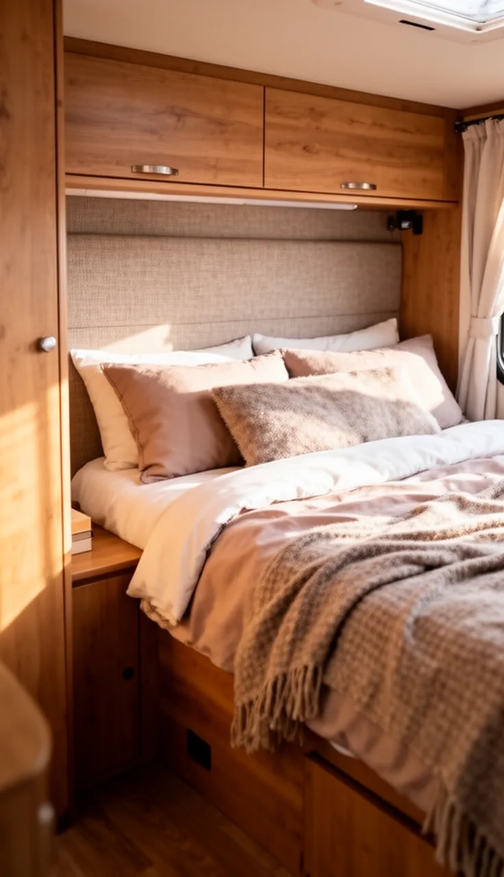 Camper master bedroom with a slim upholstered headboard behind the bed and cozy bedding