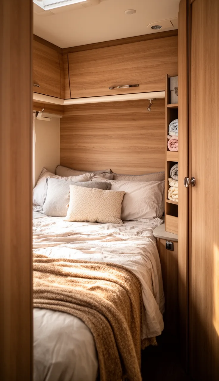Small rv bedroom with slim overhead cabinets and cubbies holding folded bedding