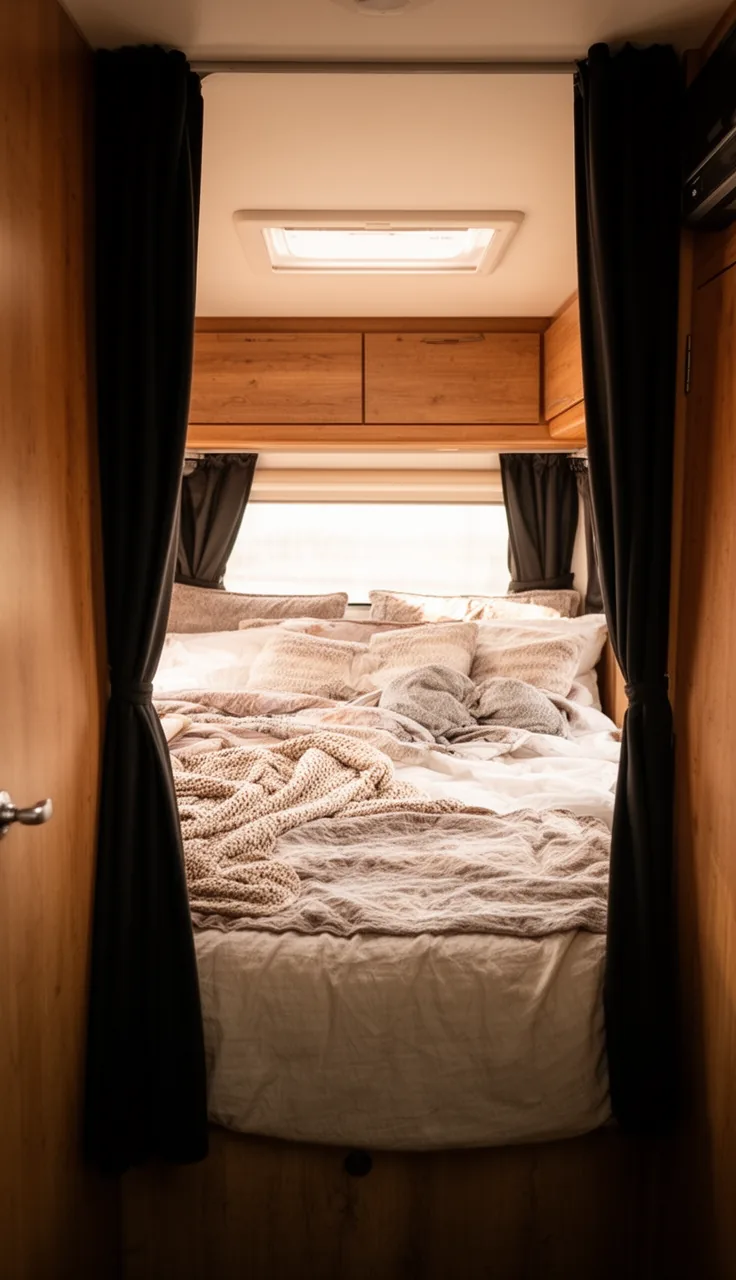 Camper bedroom with soft blackout curtains framing the bed nook in warm dim light