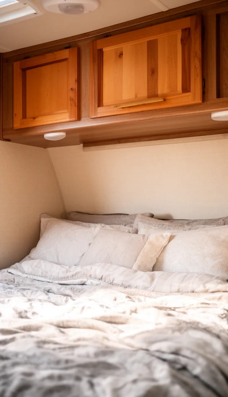 Camper bedroom overhead cabinets with fresh, warm-fronted doors above the bed