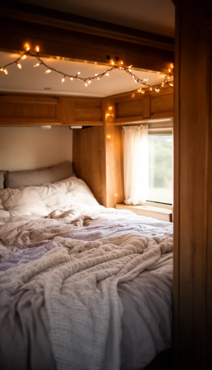 Camper bedroom with warm string lights draped above the bed for a gentle glow