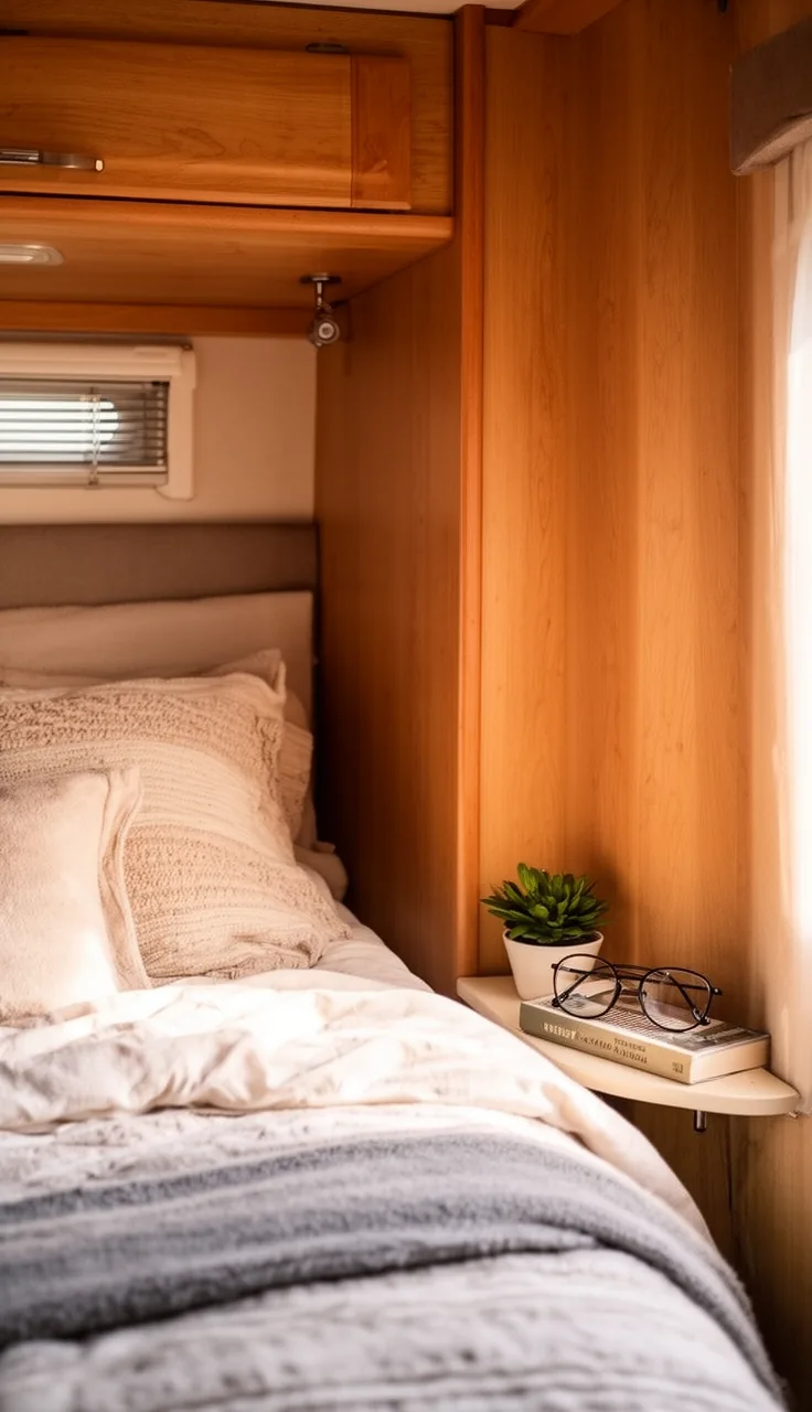 Camper bedroom with a slim wall-mounted bedside shelf holding a book and a small plant