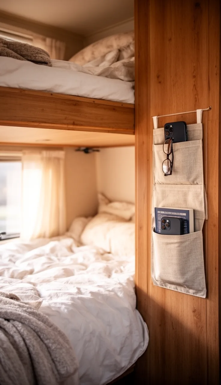 Camper bunk with a fabric hanging bedside caddy holding a phone, book, and glasses
