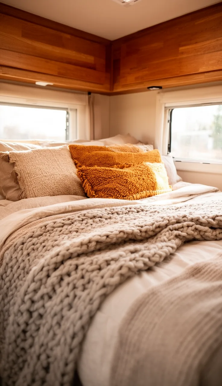 Camper bed styled with a chunky knit throw and textured cushions in warm tones
