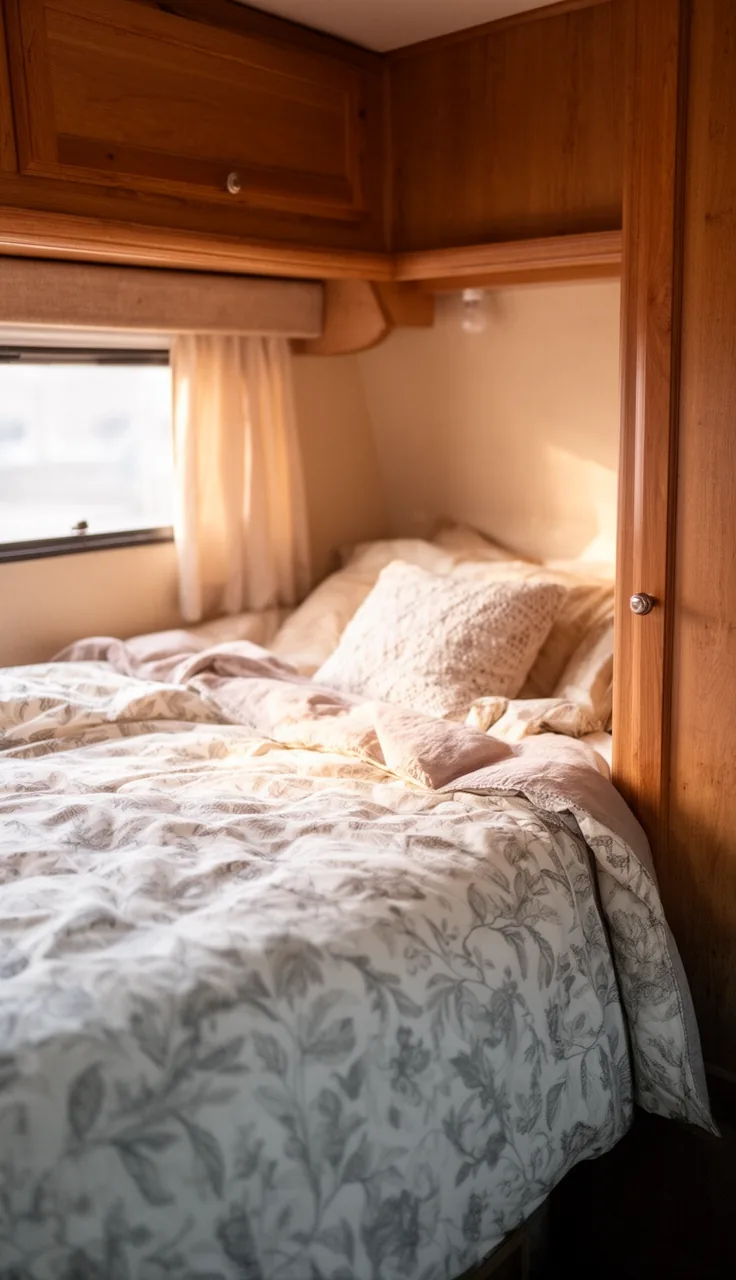 Camper bed made with a soft statement duvet in a calm, muted pattern