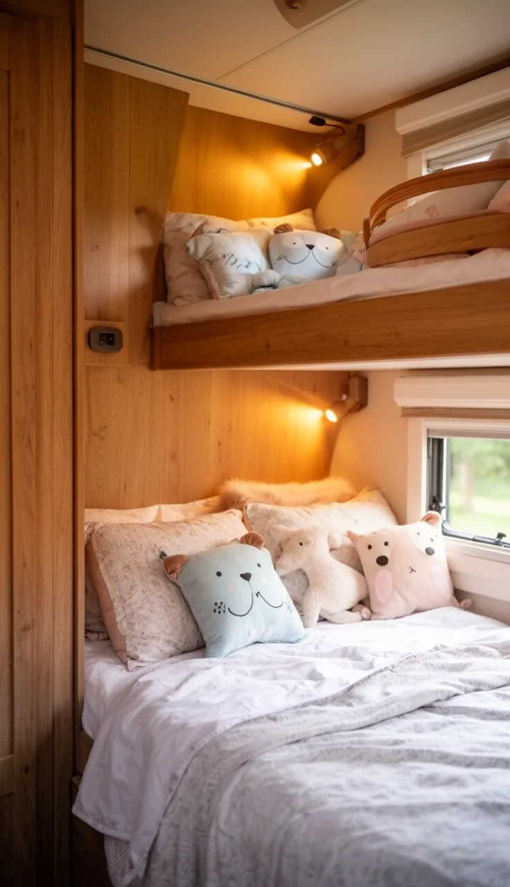 Camper kids bunk beds with soft bedding, little pillows, and a warm reading light