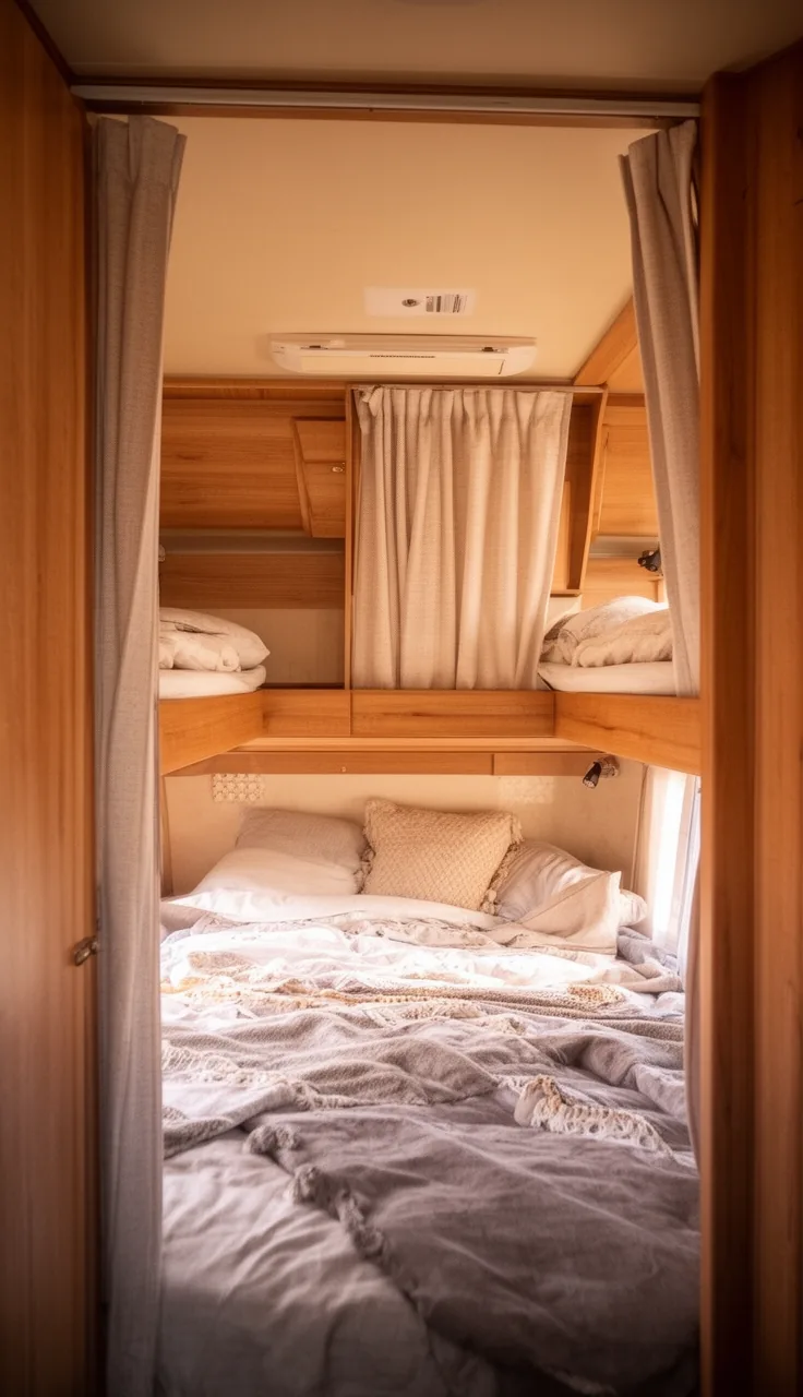 Camper bunk beds with soft privacy curtains drawn across each cozy cocoon